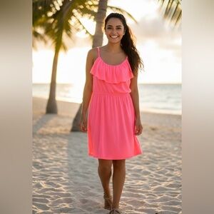 ABStudio coral summer dress, adjustable straps, tiers, great condition, L